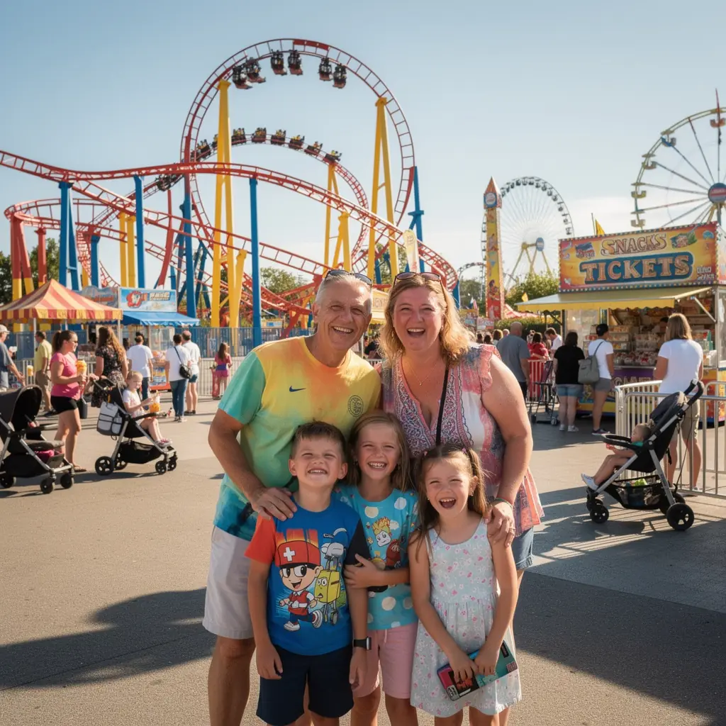 Rodzina z plecakami, gotowa do wyjazdu, z uśmiechami i entuzjazmem na twarzach.