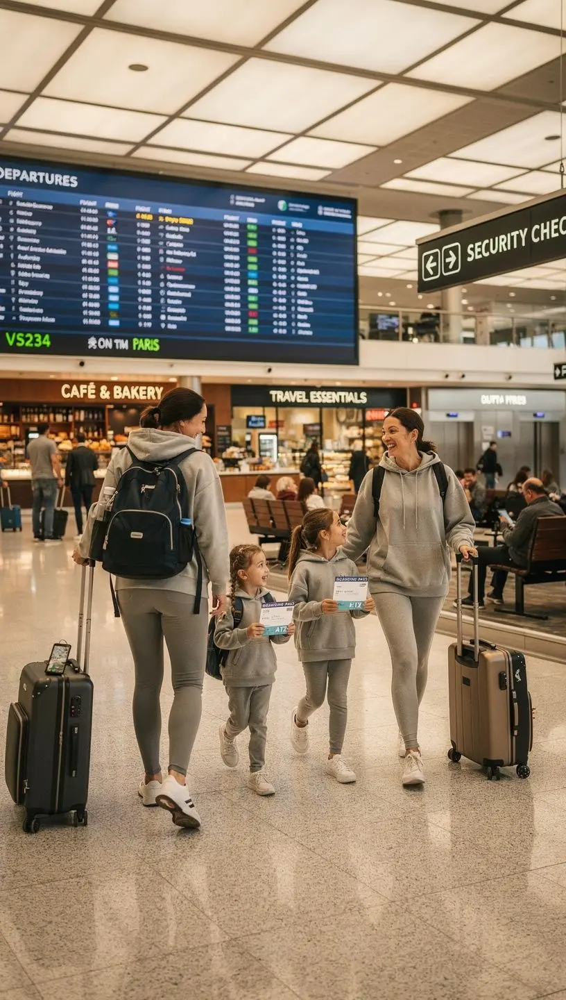 Rodzina planująca wakacje w parku rozrywki, z uśmiechami na twarzach.